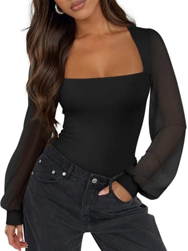 PINKMSTYLE Mesh Bodysuit for Women Sexy Slimming Square Neck Double Lined Tops Fall Classy Puff Long Sleeve Tops Shirts Black Medium