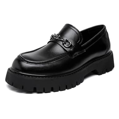 XENTORD Men's Patent Leather Platform Loafers Comfort Non-Slip Lug Sole Slip-On Dress Shoes with Metal Horsebit Detail for Business Office & Casual (Black B,12)