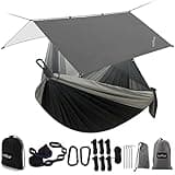 Sunyear Hammock Camping with Rain Fly Tarp and Net, Portable Camping Hammock Double Tree Hammock Outdoor Indoor Backpacking Travel & Survival, 2 Tree Straps,100% Waterproof Black/Grey Bundle