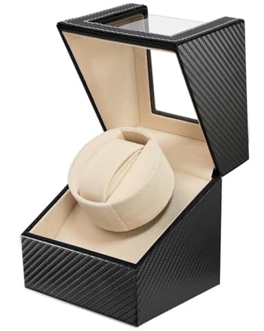Automatic Single Watch Winder for Rolex and Other Luxury Watches - Premium Black Carbon Fiber Leather, Japanese Quiet Motor, Battery Powered or USB Powered, Gift for Men & Women