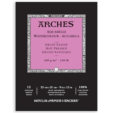 Arches Aquarelle Watercolor Pad, Hot Pressed, 140lb/300gsm, 12 Sheet, 9x12 inch, Arches Watercolor Paper 100% Cotton