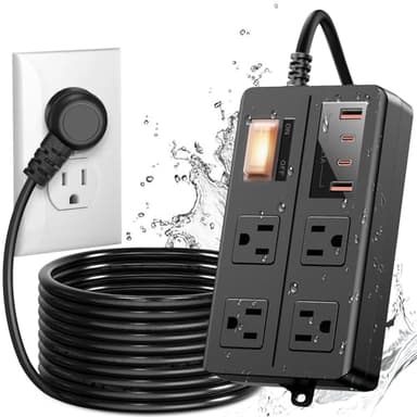 QIYUAN IPX6 Waterproof Outdoor Power Strip, Surge Protector with 4 Wide Outlets & 4 USB Ports, 15FT Extension Cord, Wall Mountable Weatherproof for Garden Patio Holiday Lights - UL Listed Black