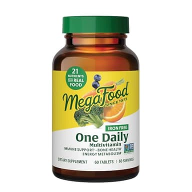 MegaFood One Daily Iron Free Multivitamin - Multivitamin for Women and Men - with Real Food - Immune Support Supplement - Bone Health - Energy Metabolism - Vegetarian; Non-GMO; No Iron - 60 Tablets