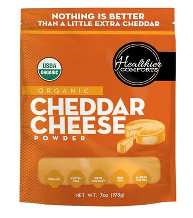 Healthier Comforts Organic Cheddar Cheese Powder | Gluten Free, Keto-Friendly, Non-GMO, Antibiotic & Hormone Free | Perfect for Popcorn Seasoning, Mac and Cheese, Pasta & Sauces (7 oz)