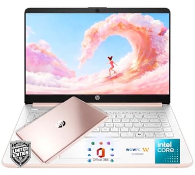 HP 14″ Rose Gold Lightweight Laptop, with Office 365 & Copilot AI, Intel Processor, 4GB RAM Memory, 64GB SSD + 1TB Cloud Storage.