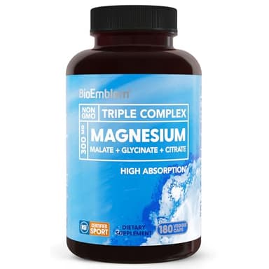 BioEmblem Triple Magnesium Complex | 300mg of Magnesium Glycinate, Malate, & Citrate for Muscles, Nerves, & Energy | High Absorption | Vegan, Non-GMO (180 Capsules)
