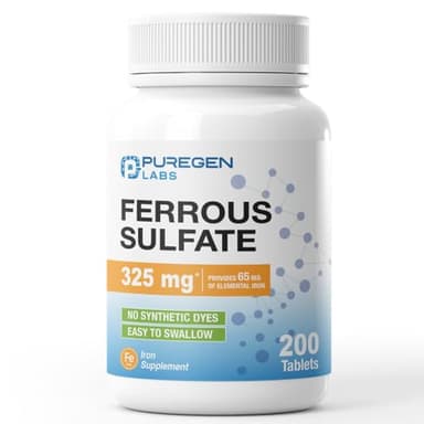 Puregen Labs Ferrous Sulfate 325 mg (65 mg Elemental Iron) High Potency Iron Supplement | No Artificial Color Additives - 200 Tablets