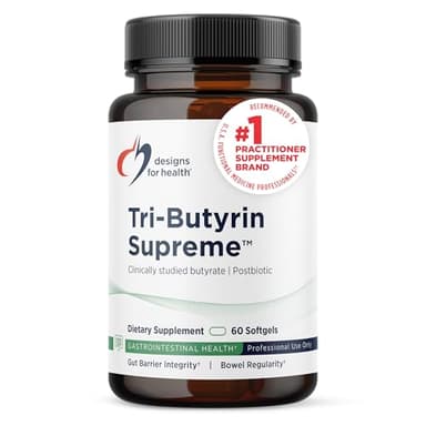 Designs for Health Tri-Butyrin Supreme - 3-in-1 Butyric Acid (Butyrate) Postbiotics for Gut Health & Gut Permeability Support - Tributyrin Supplement with Odor-Minimizing Innovation (60 Softgels)