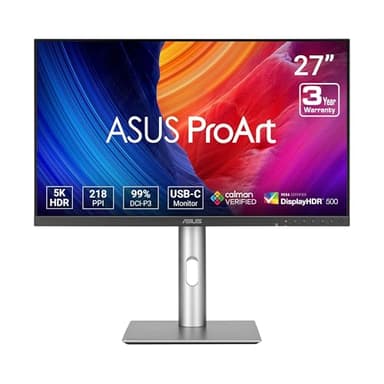 ASUS ProArt Display 27” 5K HDR Professional Monitor (PA27JCV) - 5K (5120 x 2880), IPS, 99% DCI-P3, 100% sRGB, ΔE < 2, USB-C PD 96W, Calman Verified, Color Accurate, LuxPixel, 3 yr Warranty
