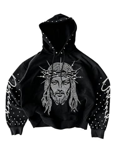 Verdusa Men's Y2k Oversized Graphic Rhinestone Hoodie Sweatshirts Hiphop Streetwear Pullover Black X-Large