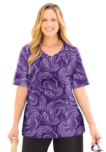 Catherines Women's Plus Size Suprema Short Sleeve V-Neck Tee - 2X, Purple Allover Paisley