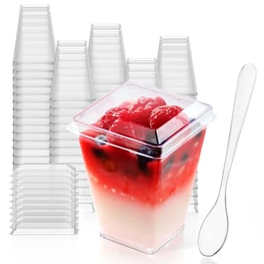JOLLY CHEF 100 Pack 5 oz Plastic Dessert Cups with Lids and Spoons, Clear Appetizer Cups for Parties, Disposable Square Dessert Shooter for Pudding Fruit Ice Cream