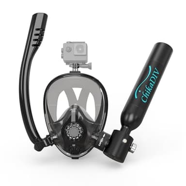 CHIKADIV Mini Scuba Tank with Sub-Mask, 0.5L Lung Tank with Snorkel Mask Small Pony Bottle Backup with Full-face Mask Underwater Breath System Up to 10 Minutes K2 A1 Black