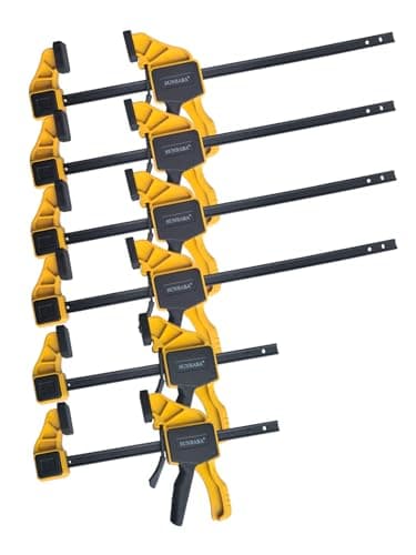 SUNBABA 6 Pack Clamps for Woodworking 12”(4)&6”(2) Light Duty One-Handed F Clamp/Spreader Bar Clamps Set 150LBS Load Limit with Quick Change Button