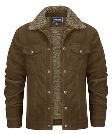 KEFITEVD Winter Jackets for Men Brown Corduroy Jacket Sherpa Lined Trucker Jacket Cargo Work Coat Cotton Warm Coat Outerwear