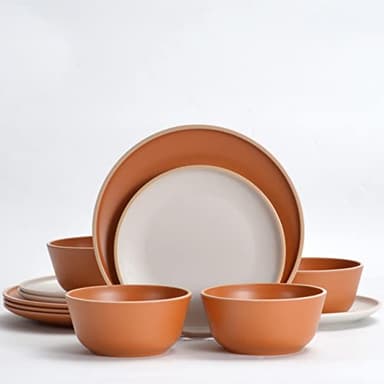 Gufaith Melamine Dinnerware Sets 12pcs, Plates and Bowls for 4, Unbreakable Dinnerware Sets, Ideal Dinnerware for Party, Unbreakable, BAP free, Dishwasher Safe, Red Color (Terracotta Color)