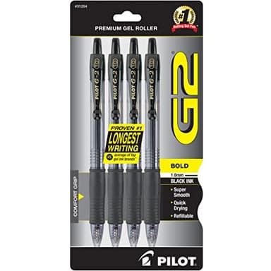 PILOT G2 Premium Refillable and Retractable Rolling Ball Gel Pens, Bold Point, Black Ink, 4-Pack (31254)