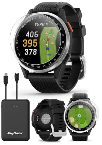 Garmin Approach S44 (Silver/Black) Golf GPS Smartwatch Bundle - 1.2" AMOLED Display, On-Course Features & 15H Battery Life with PlayBetter Screen Protectors & 5000mAh Portable Charger