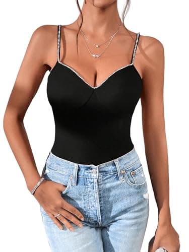 SOLY HUX Women's Rhinestone Cami Top V Neck Spaghetti Strap Slim Fit Camisole Summer Tops Solid Black Large
