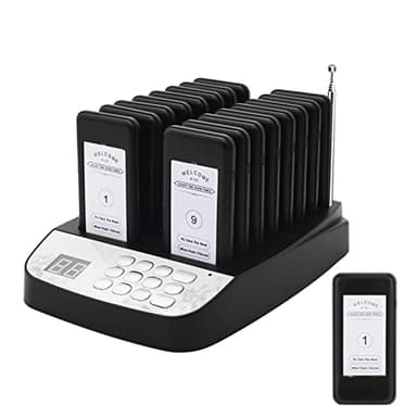 Restaurant Pager System, 16 Wireless Buzzers for Restaurant, Set with Vibration, Flashing and Buzzer, Pagers for Restaurants, Church, Hospital, Bar, Hotel,Truck,Nursery, Coffee Shop (Black)