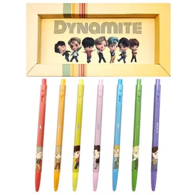 TinyTAN BTS Merchandise Official Licensed Kpop Merch Character Ballpoint Pen, 0.5mm, (1 Pack of 7 Pens) (Dynamite Ver.)