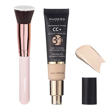 PHOERA CC+ Cream,Full Coverage Foundation，Color Correcting Cream,Anti Aging Hydrating Serum & SPF 25+ Sunscreen - Natural Finish - 1.08 fl oz (100 Porcelain)