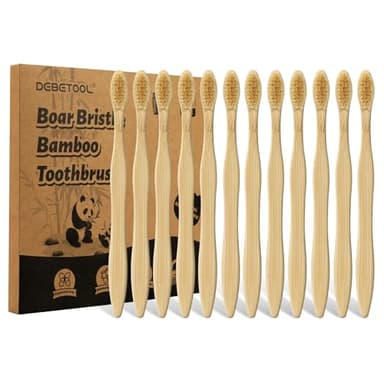 DEBETOOL 12 Pack Bamboo Toothbrushes - Natural Boar Bristle Toothbrush for Gum Health & Teeth Whitening, Wooden Organic Toothbrushes for Adults (Plastic Free)