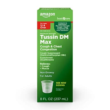 Amazon Basic Care Tussin DM MAX, Maximum Strength Cough and Chest Congestion Medicine, Non-Drowsy, Alcohol Free, Expectorant, Raspberry Menthol Flavor, 8 fl oz (Pack of 1)