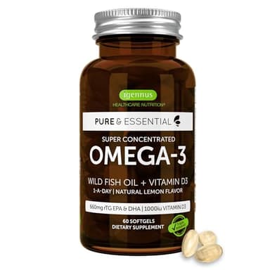 Igennus Advanced rTG Omega-3 IFOS Certified Wild Fish Oil & Vitamin D3, 1-a-Day, Fatty Acids EPA & DHA, Fast-Acting Triglyceride Form, Ultra Pure & Non-GMO, 60 Softgels