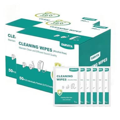 EARVITA 100 Count Hearing Aids Cleaning Wipes Individually Packaged, Hearing Aid Audio Wipe Cleaning Tool Kit Supplies Hearing Aid Accessories, for All Hearing Aid Brands and Types (100)