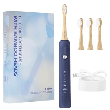 GUFICLE Bamboo Electric Toothbrush for Adults，Sonic Electric Toothbrush with 4 Bamboo Heads, Soft Castor Oil Bristles, 5 Modes, Smart Timer, Sonic Technology, IPX7 Waterproof, 70-Day Battery Life-Navy