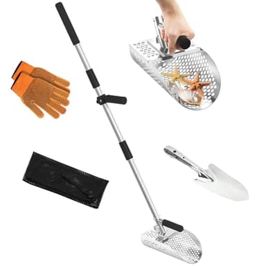 Sand Scoop for Metal Detecting, Metal Detector Sand Shovel Accessories for Beach, Stainless Steel Sand Sifter Digging Tool, Long Handle Fast Sand Sifting Flea Rake for Underwater Treasure Hunting