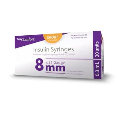 SureComfort U-100 Insulin Syringes 31G x 5/16" 3/10cc (8 mm), For Diabetes Care, Box of 100