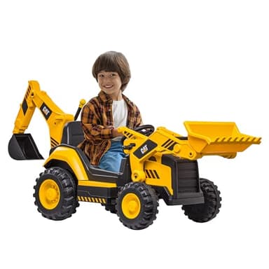 Kid Trax 12V CAT Backhoe Loader - Ride On Excavator Construction Toys for Boys w/Realistic Sounds, 2.5-5 mph Mini Bulldozer, Indoor/Outdoor Tractor Toys, Sturdy Toy Cars for Toddlers 3-6, Up to 66lbs