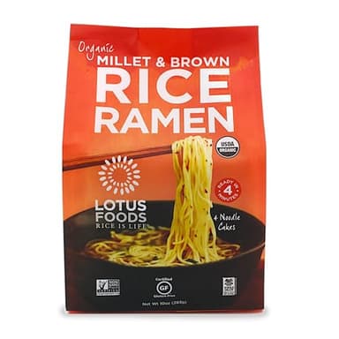 Lotus Foods Organic Millet and Brown Rice Ramen Noodles - Gluten Free Instant Ramen Noodles, Vegan, Low Sodium, Made with Brown Rice Flour and Millet Flour, Ready in 4 Minutes - 10 Oz Bag (Pack of 1)