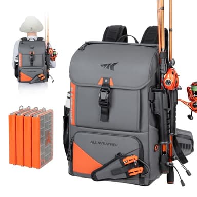 KastKing All Weather Fishing Tackle Backpack with 4 Waterproof Tackle Boxes & Removable Rod Holders,Waterproof ArmorShield Fabric Fishing Bag Storage Fishing Gear