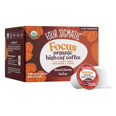 Four Sigmatic High Caffeine Mushroom Coffee K-Cups | Organic Dark Roast Coffee with Lion’s Mane & Yacon | Focus & Immune Support | Vegan & Keto | Sustainable Pods | 10 Count