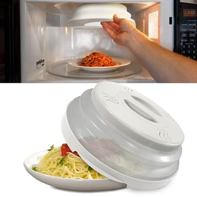 HOVER COVER Magnetic Microwave Splatter Cover with High Power, Strongest Magnetic Grip, Collapsible 12-Inch BPA-Free Food Lid, Vented Plate Guard, Dishwasher Safe, Space-Saving Storage - White