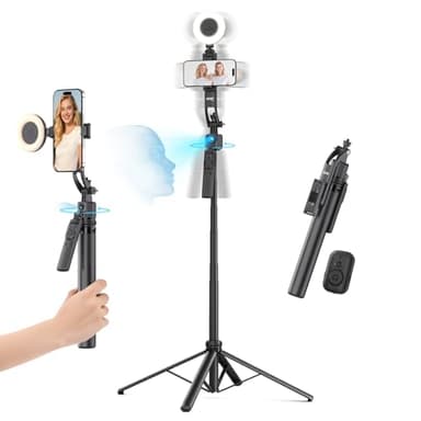 acer Auto Face Tracking Tripod for iPhone/Cell Phone/Android/Camera with Light and Remote, 64", No App, 360°Rotating Tripod Selfie Stick for Tiktok YouTube Vlog Live Streaming Video Recording