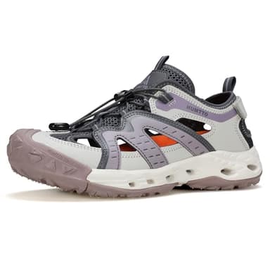 HUMTTO Women's Amphibious Closed Toe Hiking Sandals Quick-Dry Water Shoes Non-Slip Athletic Adjustable Outdoor Fisherman Summer Beach Walking Travel Sandals 10.5-11 Pink/Beige Grey