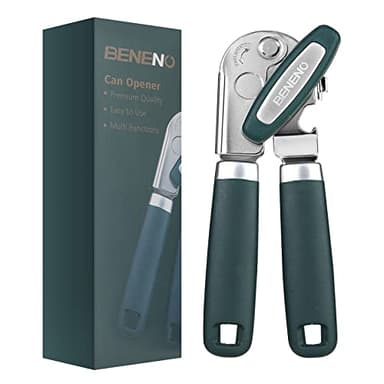 Beneno Heavy Duty Hand Can Opener Manual with Magnet, Durable Sharp Carbon Steel Blade Smooth Cutting, Big Effort-Saving Knob & Soft Grip Handle, Multifunctional Kitchen Tool with Bottle Opener, Green