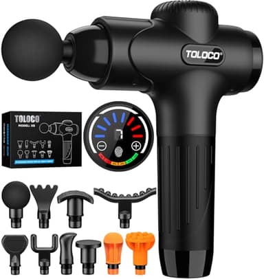 TOLOCO Massage Gun Deep Tissue, Percussion Massage Gun with 10 Replacement Heads, Super Quiet Portable Electric Massager for Athletes, Relax, Black