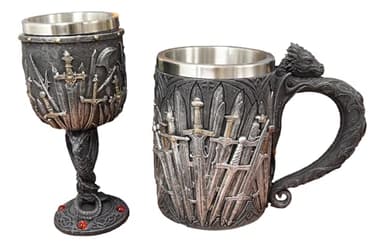 Ebros Set of 2 Medieval Valyrian Steel Blade Swords Wine Goblet Chalice With Entwined Dragons Stem And Iron Throne Dragon Tankard Mug Fantasy GOT Themed Accessory Party Prop Decors