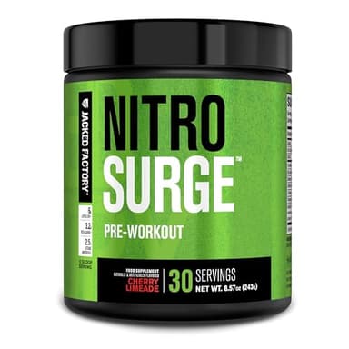 Jacked Factory NITROSURGE Pre Workout Supplement - Endless Energy, Instant Strength Gains, Clear Focus, Intense Pumps - NO Booster & Preworkout Powder with Beta Alanine - 30 Servings, Cherry Limeade