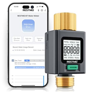 RESTMO Smart Water Flow Meter with Screen Backlight, Brass Inlet & Outlet, Measuring Gallon/Liter Consumption & Flow Rate for Garden Watering, RV Filling, Sprinklers & Nozzle - APP Control