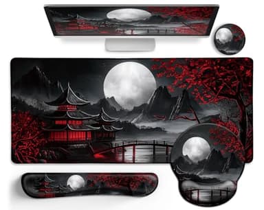 LIMKRIAN Japanese Mouse Pad Large Desk Mat Set, XXL Anime Full Moon Ergonomic Mousepad with Wrist Rest, Wrist Support Gaming Keyboard Mat Cup Coaster Set, Japanese Style Office Desk Accessories