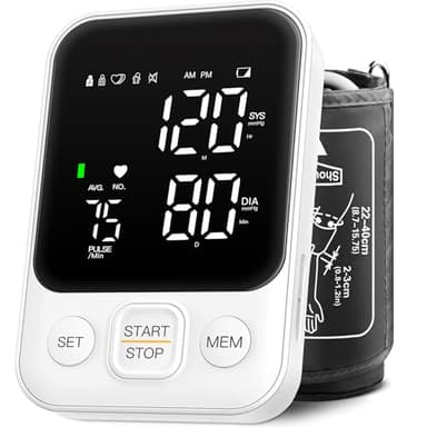 Blood Pressure Monitor Upper Arm Machine Accurate Adjustable BP Cuff Kit Led Backlit Display 2 Users 240 Sets Memory Includes Storage Bag White