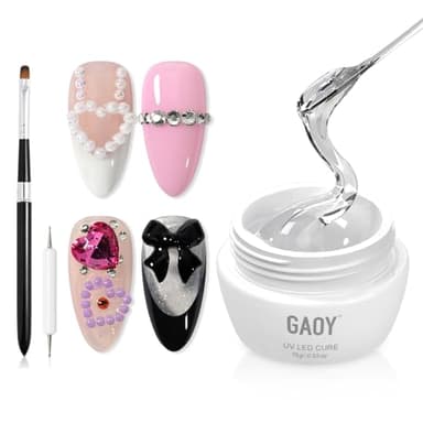 GAOY Nail Rhinestone Glue Gel 15ml, Super Strong UV Nail Glue with Brush and Double-Ended Dotting Pen for Gems, Charms, Diamonds & Jewels, UV Light Cure