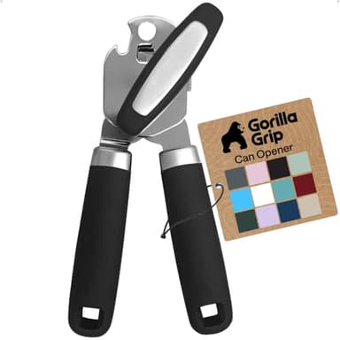 GORILLA GRIP Heavy Duty Stainless Steel Smooth Edge Manual Can Opener and Bottle Openers, US Designed, Soft Comfortable Handle, Oversized Handheld Turn Knob, Multifunctional Kitchen Tool, Black