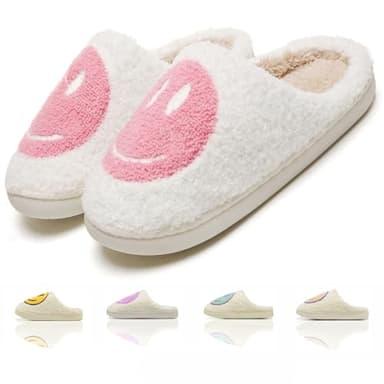 KNUAKA Cute House Slippers for Women Men with Memory Foam Retro Happy Face House Shoes Cozy Indoor Outdoor Fuzzy Plush Slip on Comfy Trendy Slippers(pink,38/39)